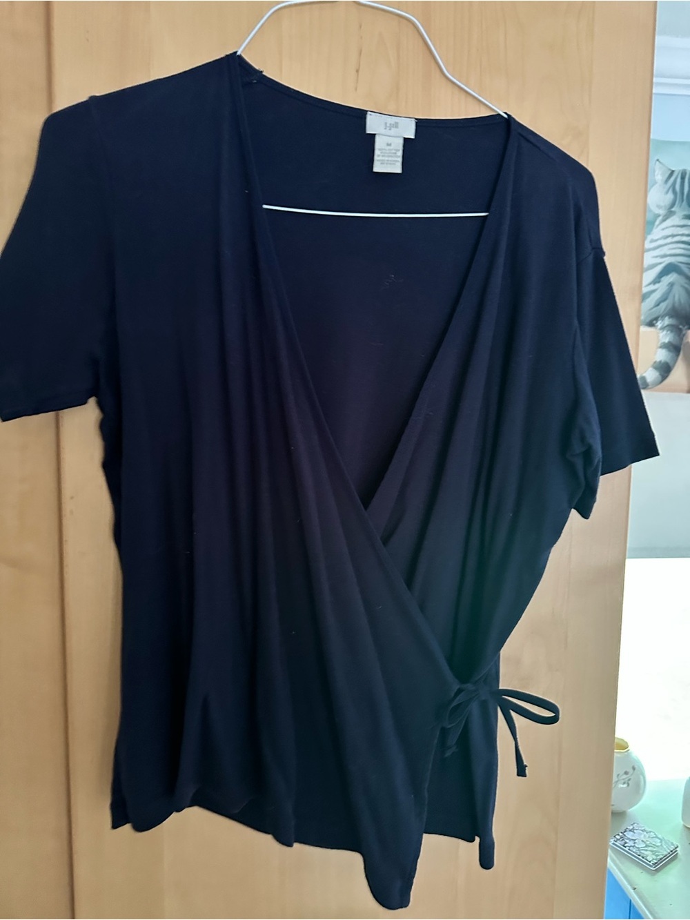 J Jill cross cross top navy Neck Short sleeve waist tie